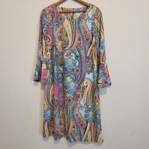 Tommy Hilfiger Paisley Dress 3/4 Bell Sleeve Retro Mod Boho Vacation Size 12